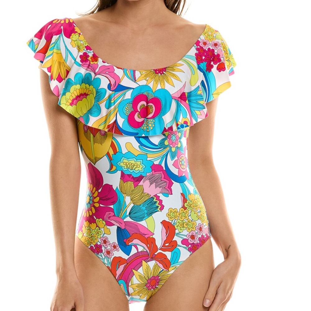 Gorgeous Colorful Trina Turk Fontaine Bandeau Ruffle One-Piece Size 14 NWT